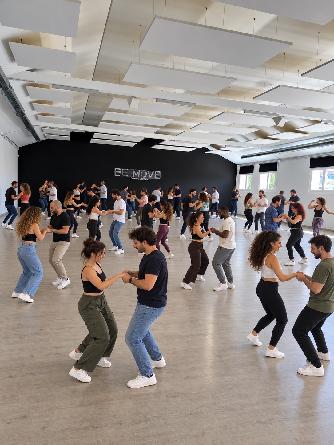 Clase de baile social en la sala grande de Be Move Dance Studio (imagen editada)