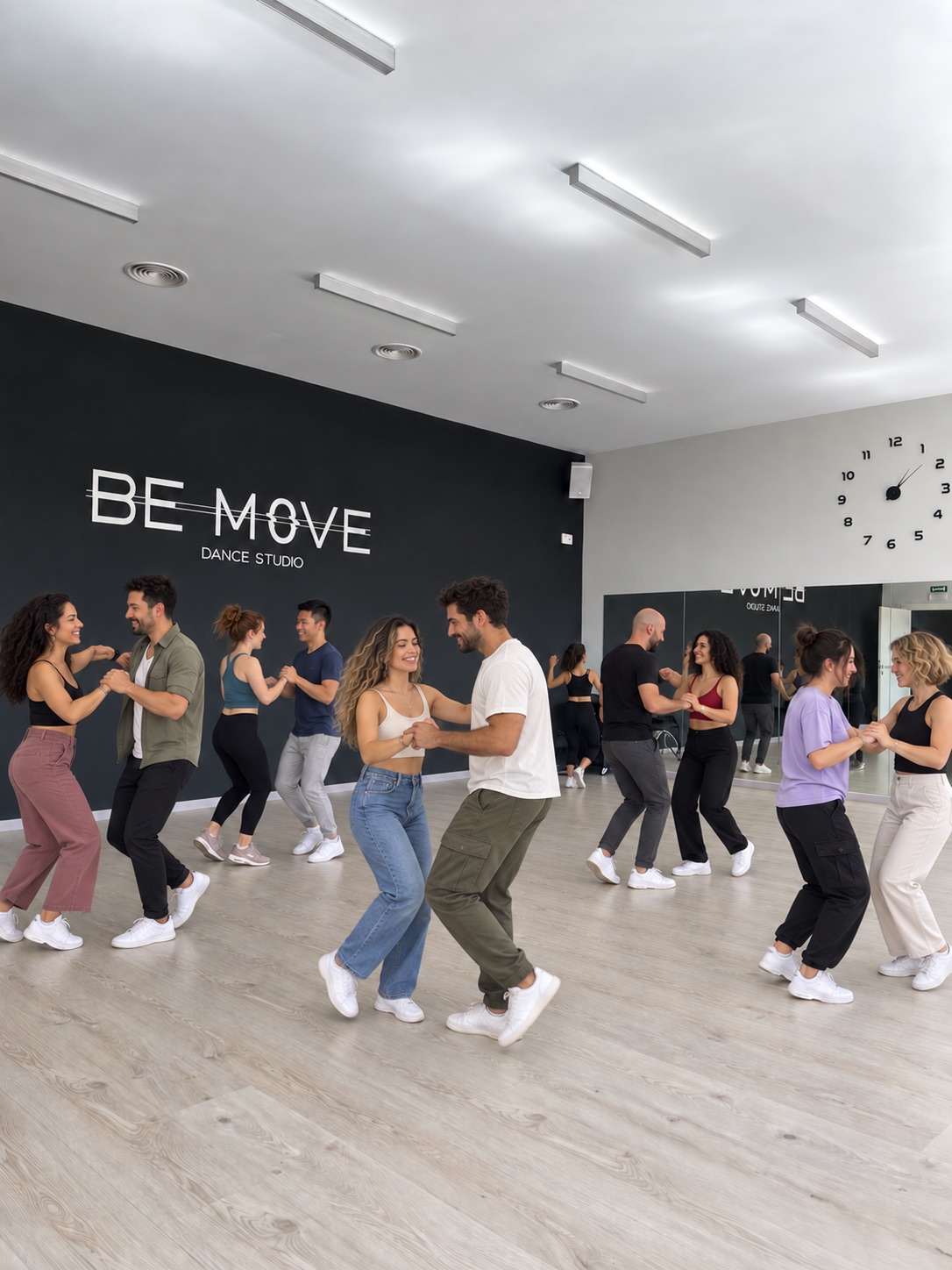 Clase de baile social en la sala pequeña de Be Move Dance Studio (imagen editada)